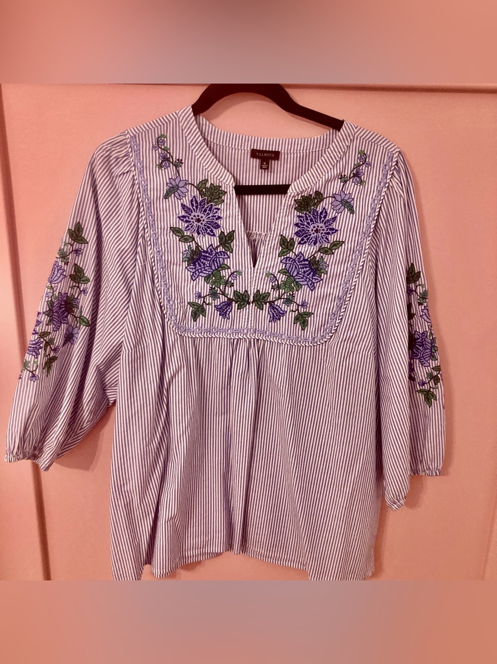 Talbots Embroidered Pinstripe Popover Top